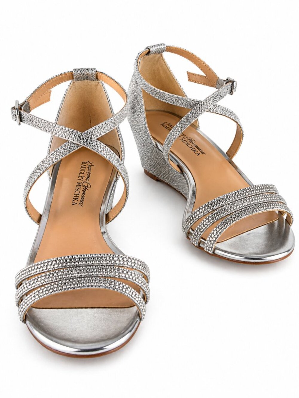 Badgley Mischka Queen Silver Rhinestone Wedge Sandals 6.5 Strappy Glam 2" Heels